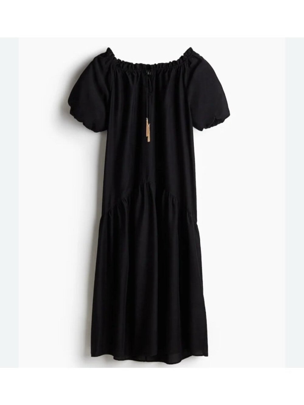 H&M Black Maxi Dress Sz L Tiered Puffed Sleeves Lightweight Oversized Flowy